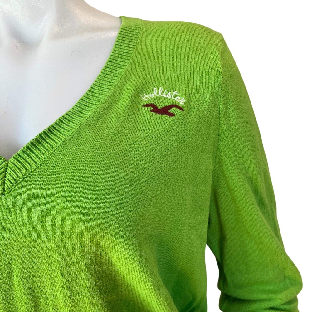 Hollister Womens Lime Green V-Neck Logo Sweater Large Cotton Blend‎ Y2K Spring - Picture 3 of 7